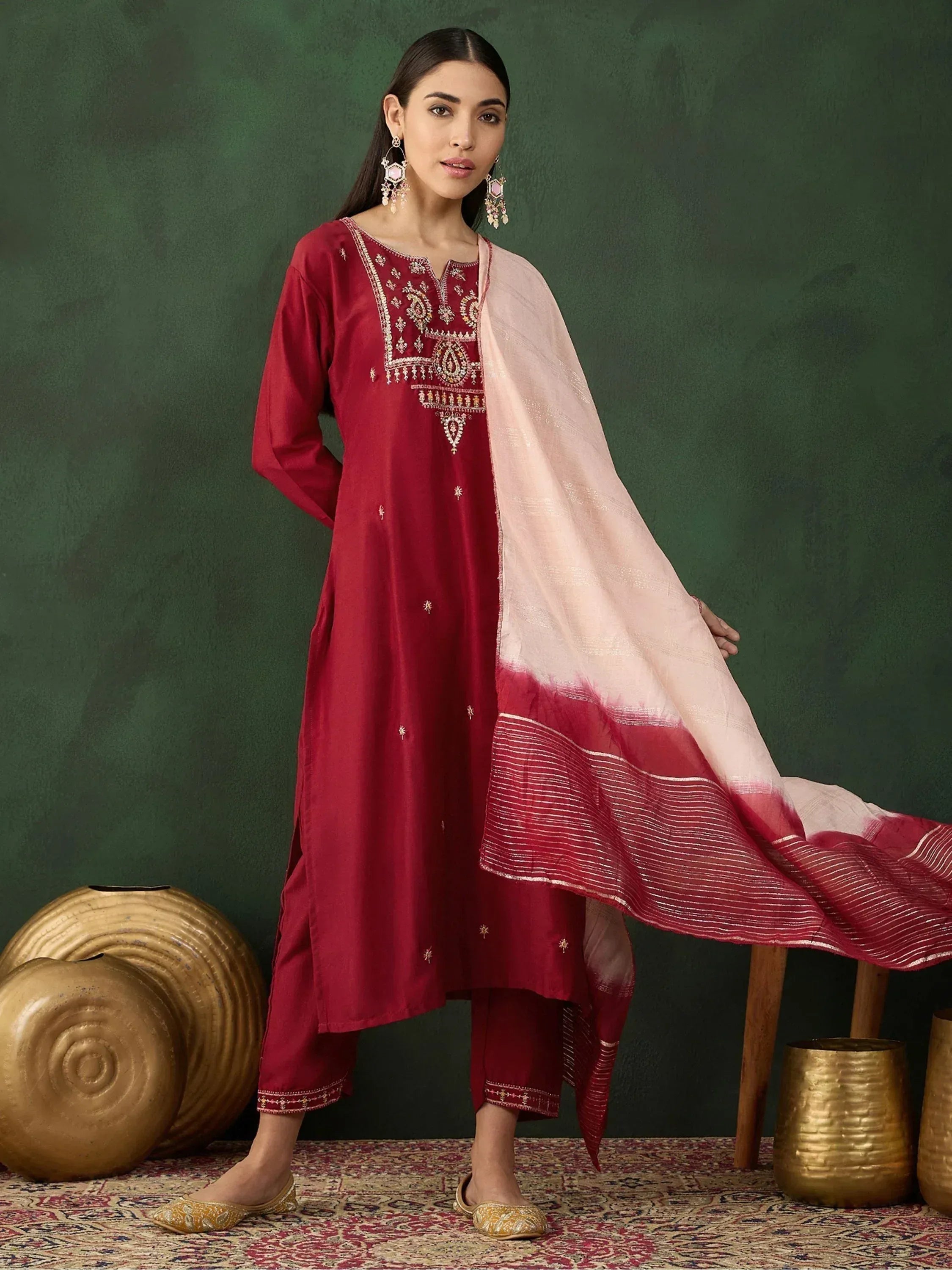Maroon embroidered kurta with matching pants and ombre dupatta, Indian ethnic wear