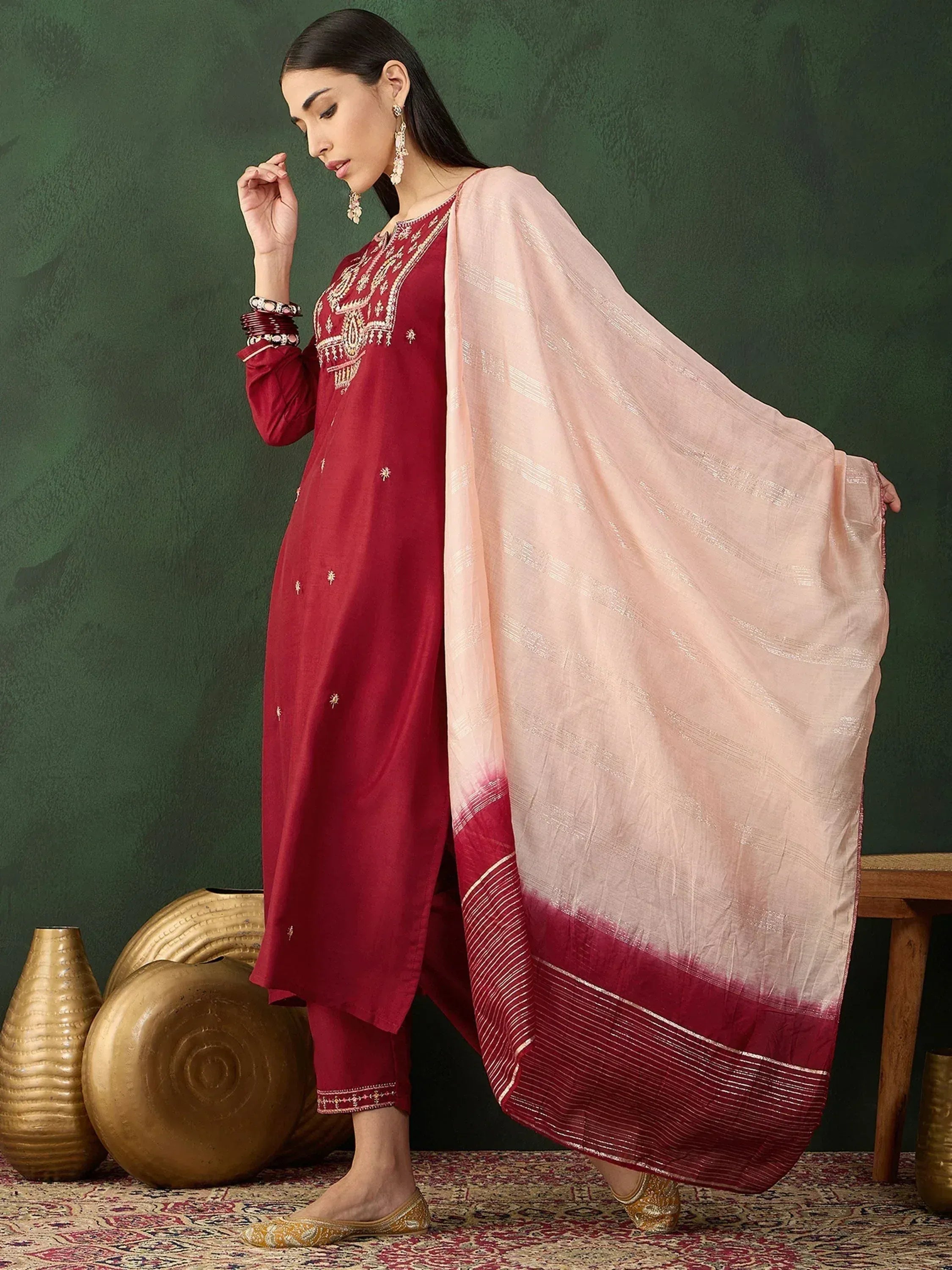Maroon embroidered salwar kameez with peach dupatta, ethnic Indian wear for women