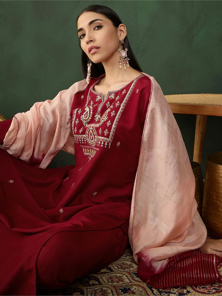 Charming Maroon Embroidered Chinon Occasion Wear Pant Suit
