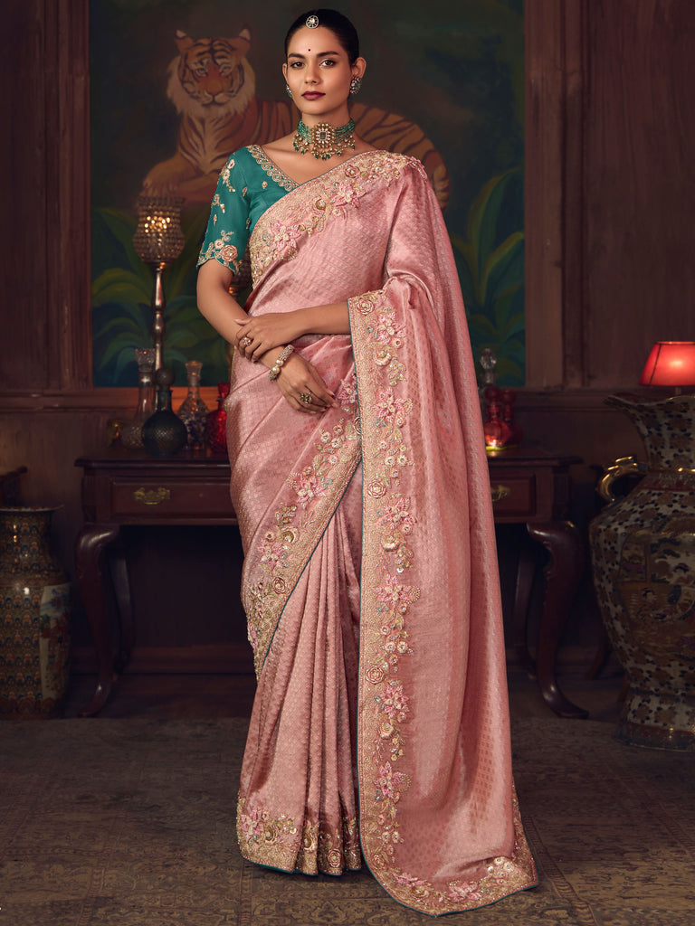 Glamorous Pink Diamond Work Silk Wedding Wear Saree With Blouse