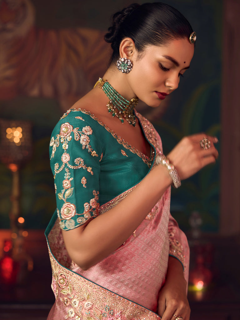 Glamorous Pink Diamond Work Silk Wedding Wear Saree With Blouse