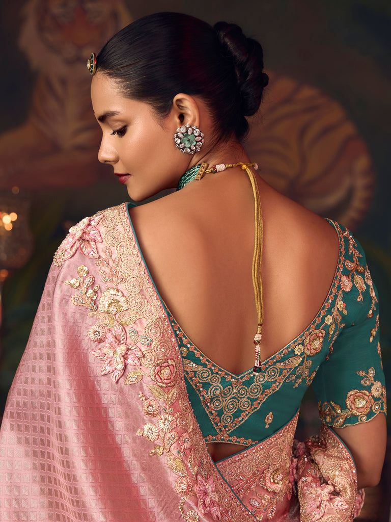 Glamorous Pink Diamond Work Silk Wedding Wear Saree With Blouse