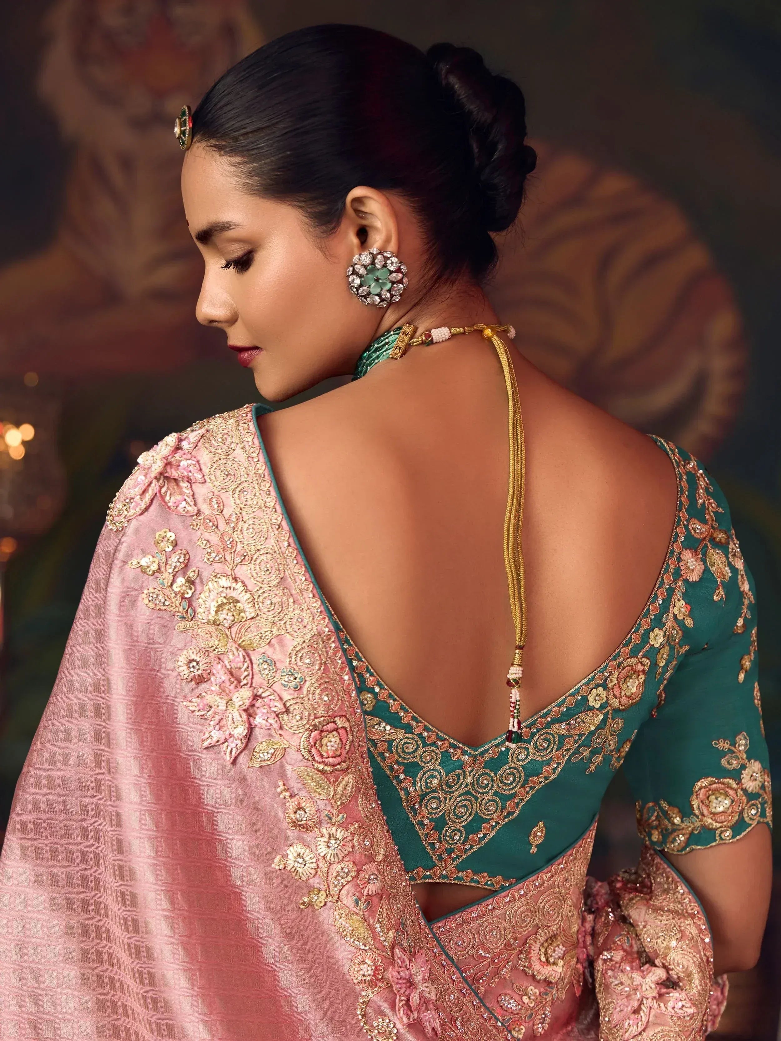 Glamorous Pink Diamond Work Silk Wedding Wear Saree With Blouse