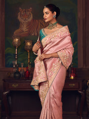Glamorous Pink Diamond Work Silk Wedding Wear Saree With Blouse