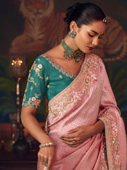 Glamorous Pink Diamond Work Silk Wedding Wear Saree With Blouse