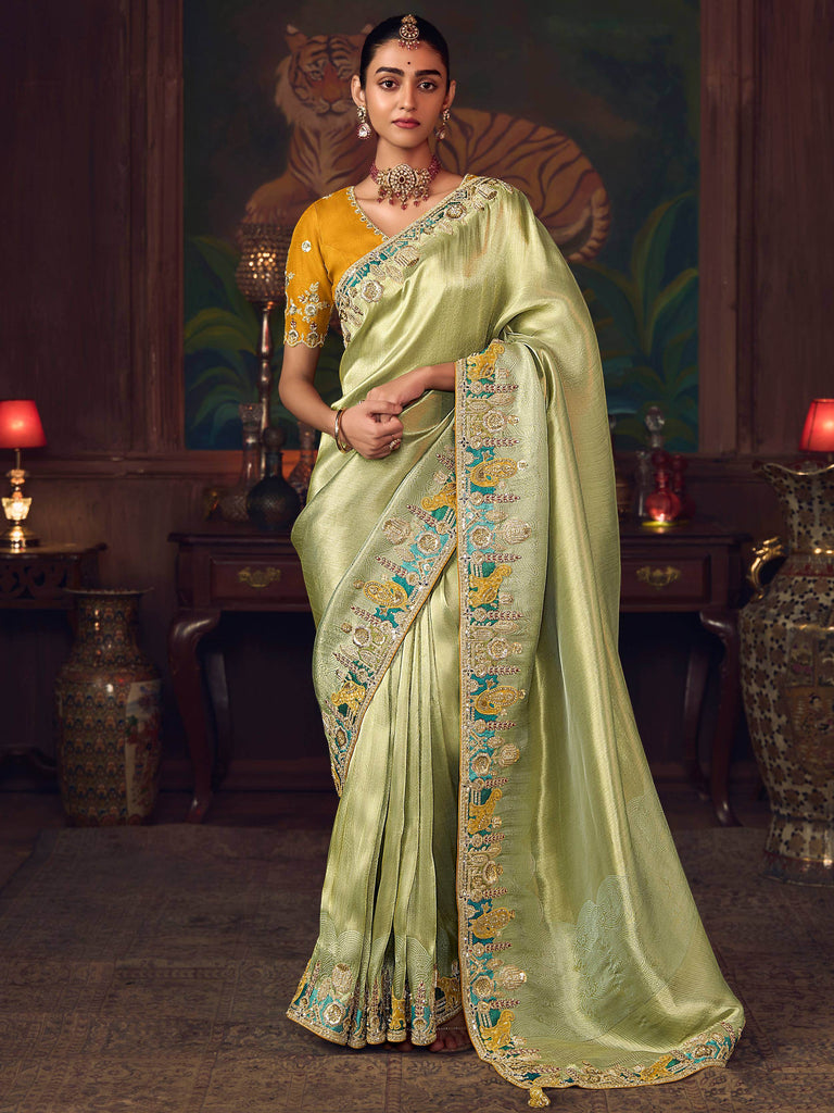 Amazing Green Sequins Embroidered Silk Festive Wear Saree With Blouse