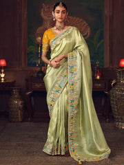 Amazing Green Sequins Embroidered Silk Festive Wear Saree With Blouse