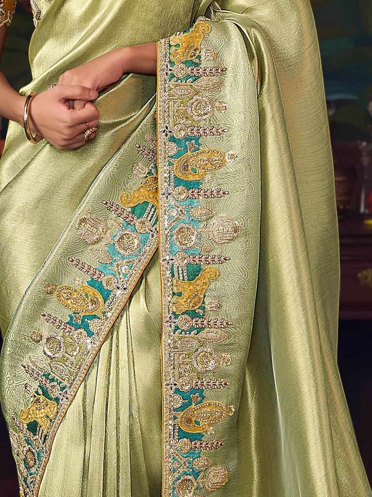 Amazing Green Sequins Embroidered Silk Festive Wear Saree With Blouse