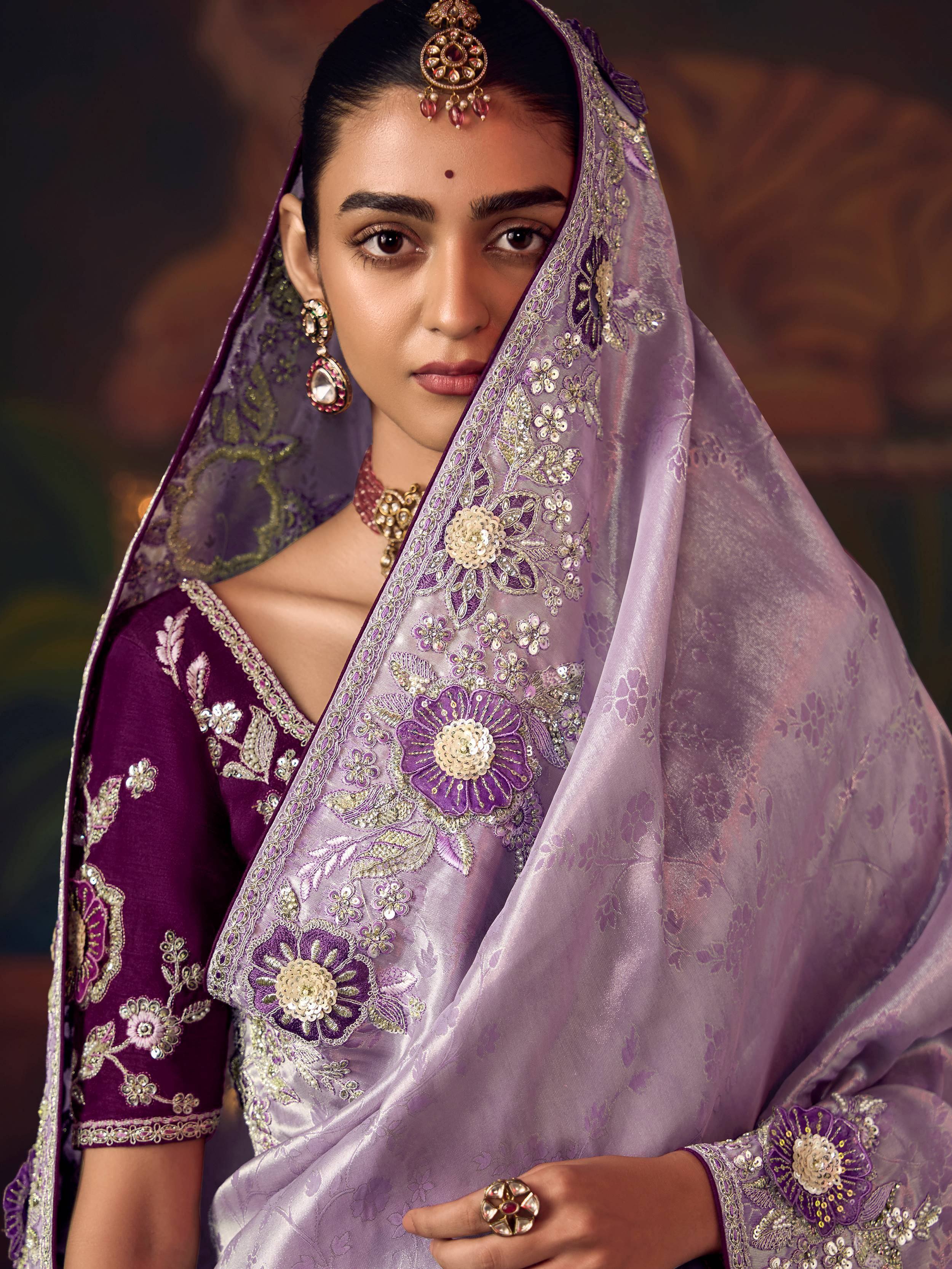 Glamorous Purple Diamond Work Silk Festive Wear Saree With Blouse