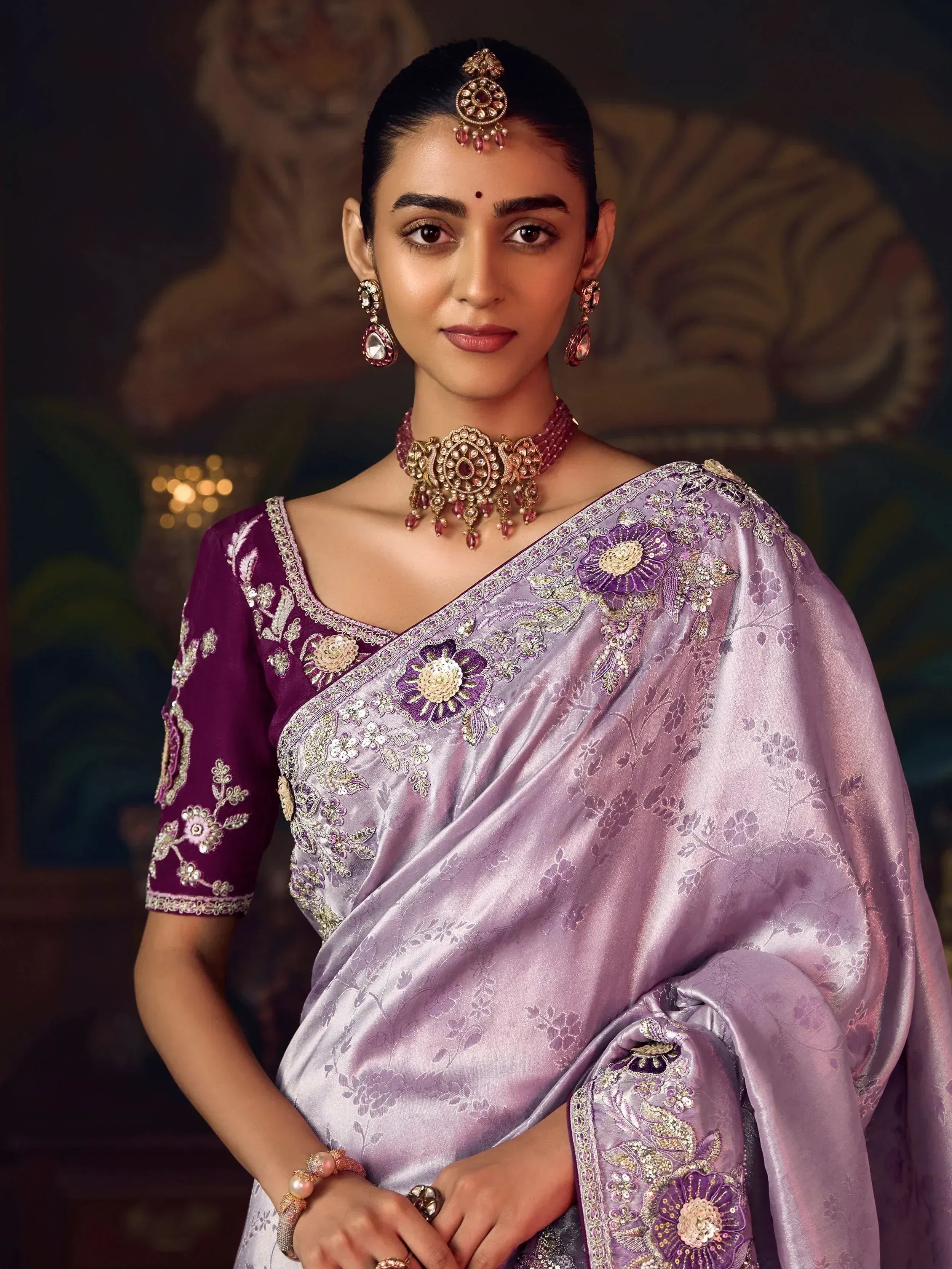 Glamorous Purple Diamond Work Silk Festive Wear Saree With Blouse