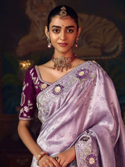 Glamorous Purple Diamond Work Silk Festive Wear Saree With Blouse