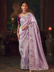 Glamorous Purple Diamond Work Silk Festive Wear Saree With Blouse