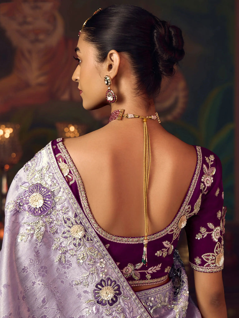 Glamorous Purple Diamond Work Silk Festive Wear Saree With Blouse