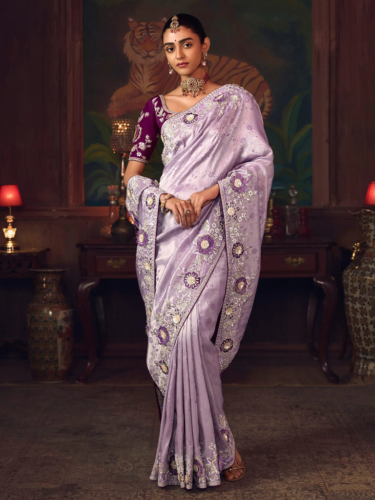 Glamorous Purple Diamond Work Silk Festive Wear Saree With Blouse