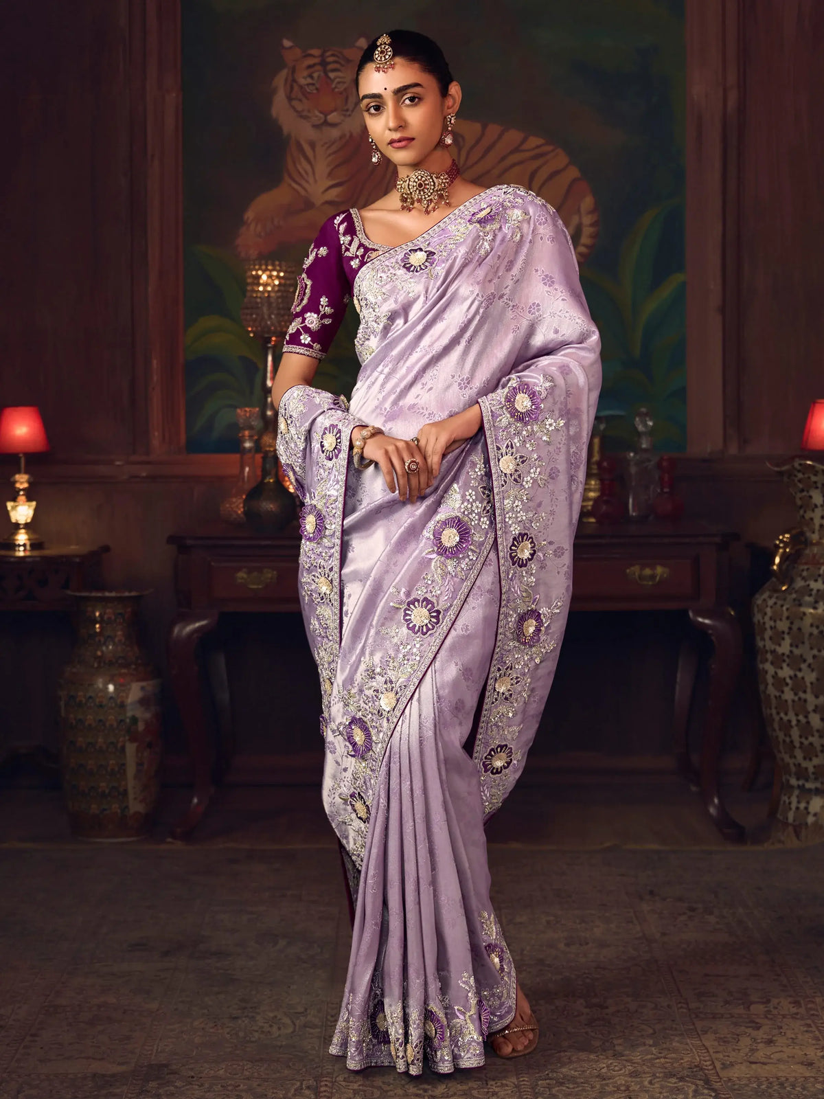 Glamorous Purple Diamond Work Silk Festive Wear Saree With Blouse