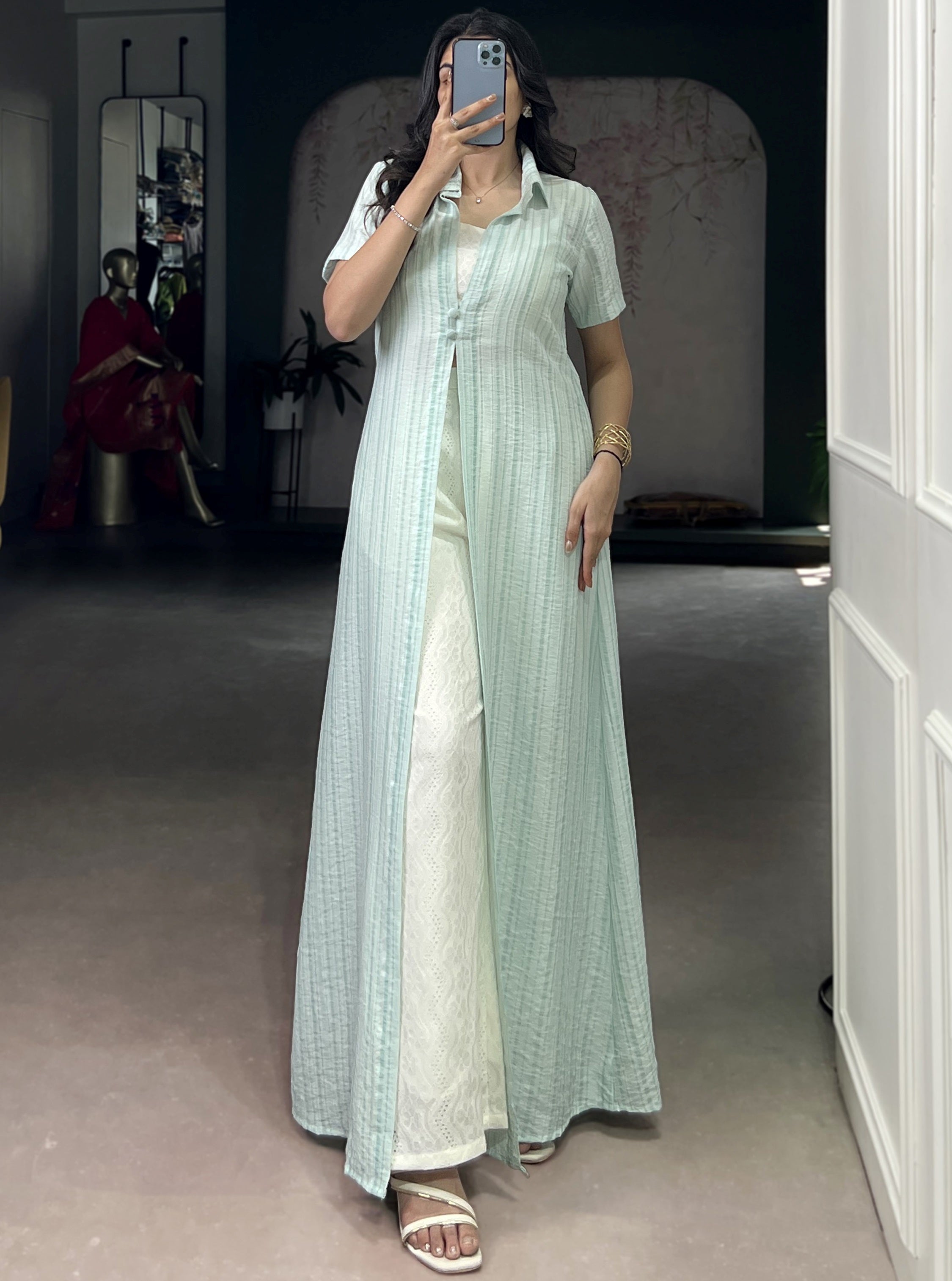 Stylish Sky Blue Printed Cotton Casual Wear Co-ord Set With Shrug