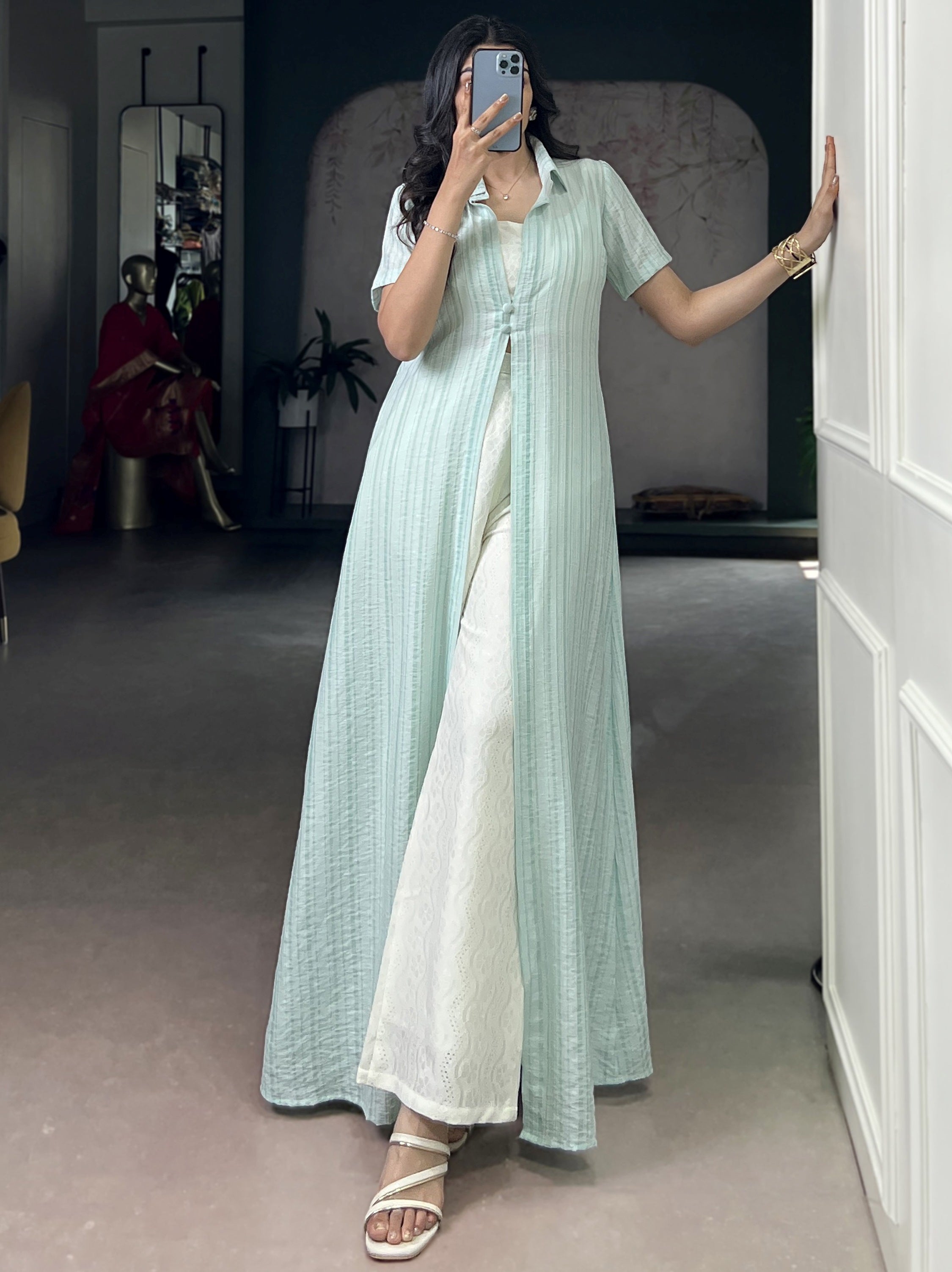 Stylish Sky Blue Printed Cotton Casual Wear Co-ord Set With Shrug