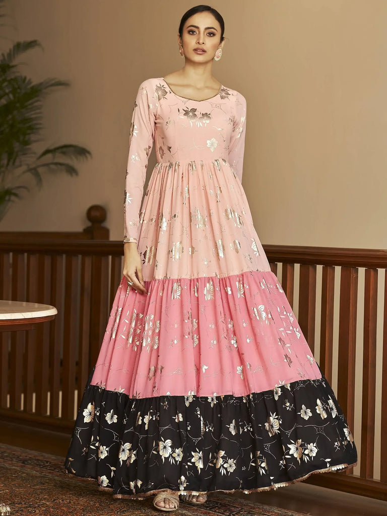 Awesome Multi-Color Foil Work Georgette Party Wear Anarkali Gown