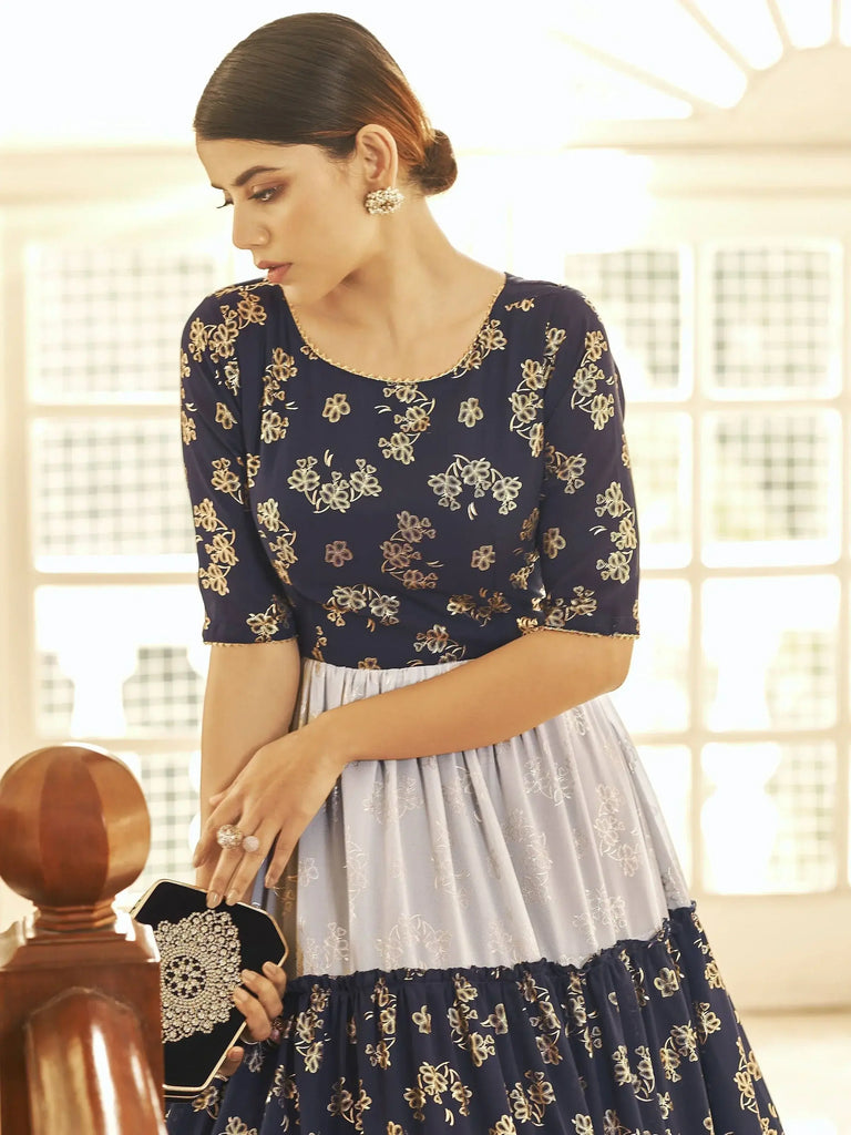 Astounding Multi-Color Foil Work Georgette Party Wear Anarkali Gown