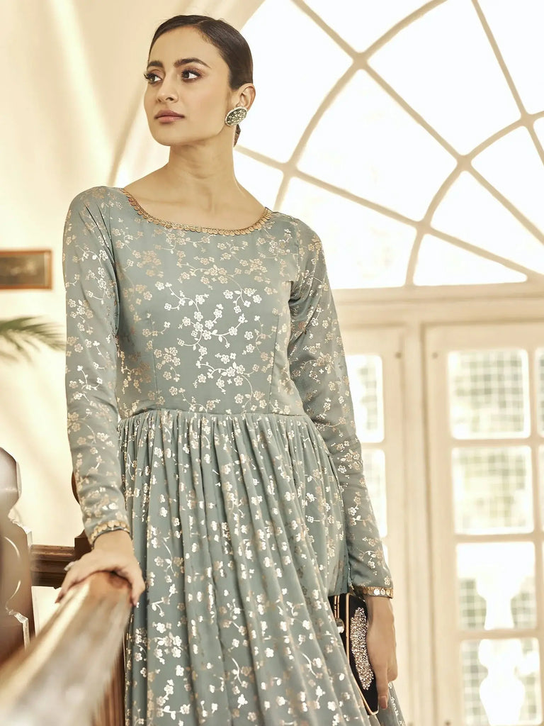 Excellent Multi-Color Foil Work Georgette Party Wear Anarkali Gown