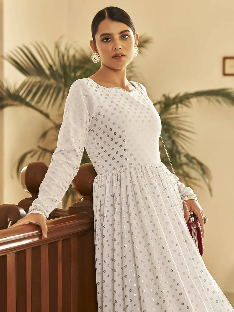 Amazing White Foil Work Georgette Party Wear Anarkali Gown