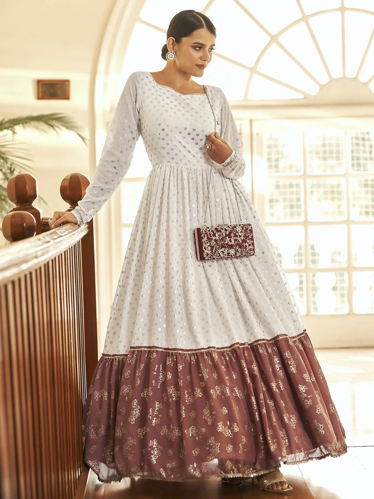 Amazing White Foil Work Georgette Party Wear Anarkali Gown