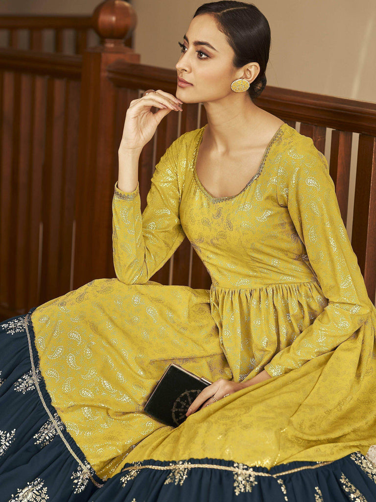 Marvelous Multi-Color Foil Work Georgette Party Wear Anarkali Gown