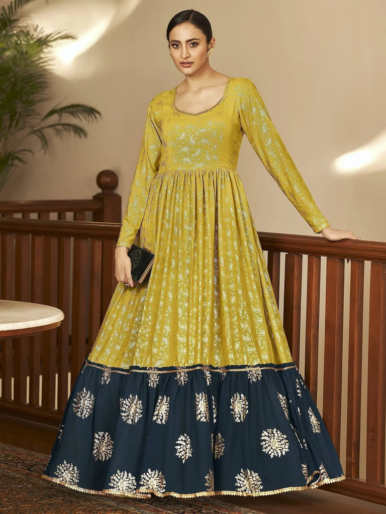 Marvelous Multi-Color Foil Work Georgette Party Wear Anarkali Gown