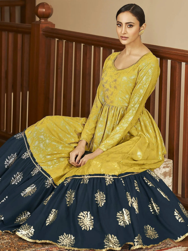 Marvelous Multi-Color Foil Work Georgette Party Wear Anarkali Gown