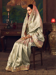 Beautiful Green Diamond Work Silk Wedding Wear Saree With Blouse