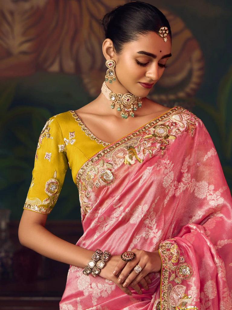 Elegant Pink Sequins Embroidered Silk Festive Wear Saree With Blouse