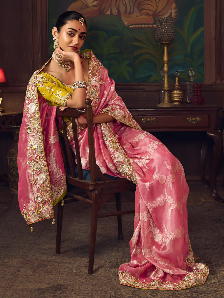 Elegant Pink Sequins Embroidered Silk Festive Wear Saree With Blouse