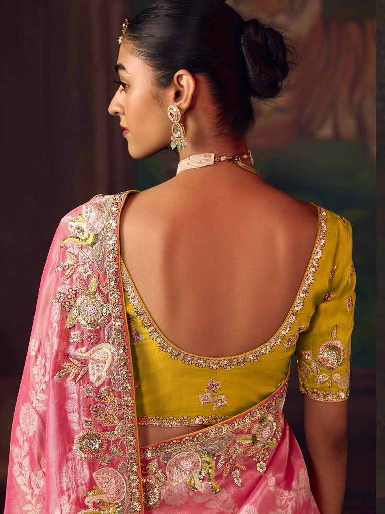 Elegant Pink Sequins Embroidered Silk Festive Wear Saree With Blouse