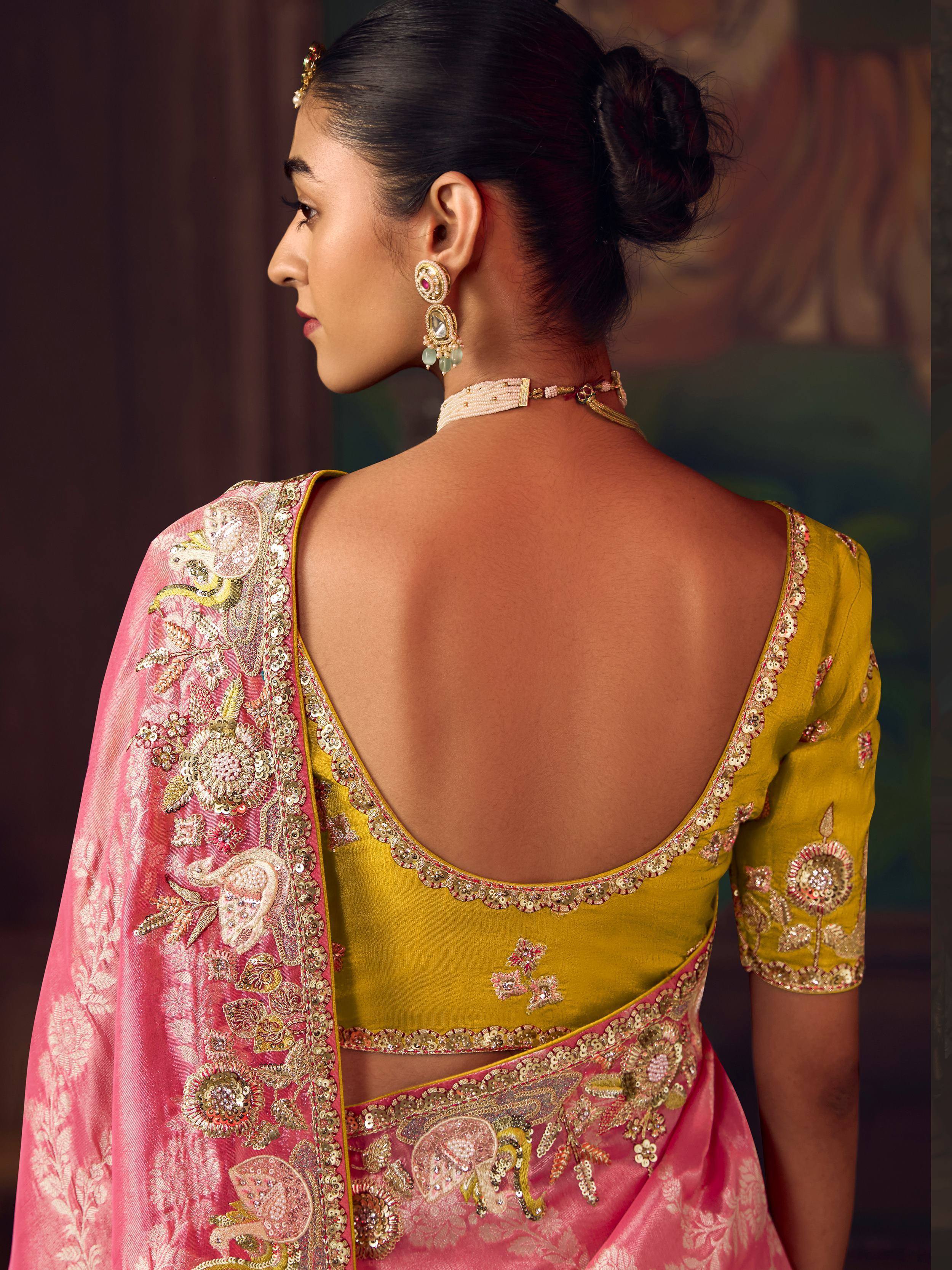 Elegant Pink Sequins Embroidered Silk Festive Wear Saree With Blouse