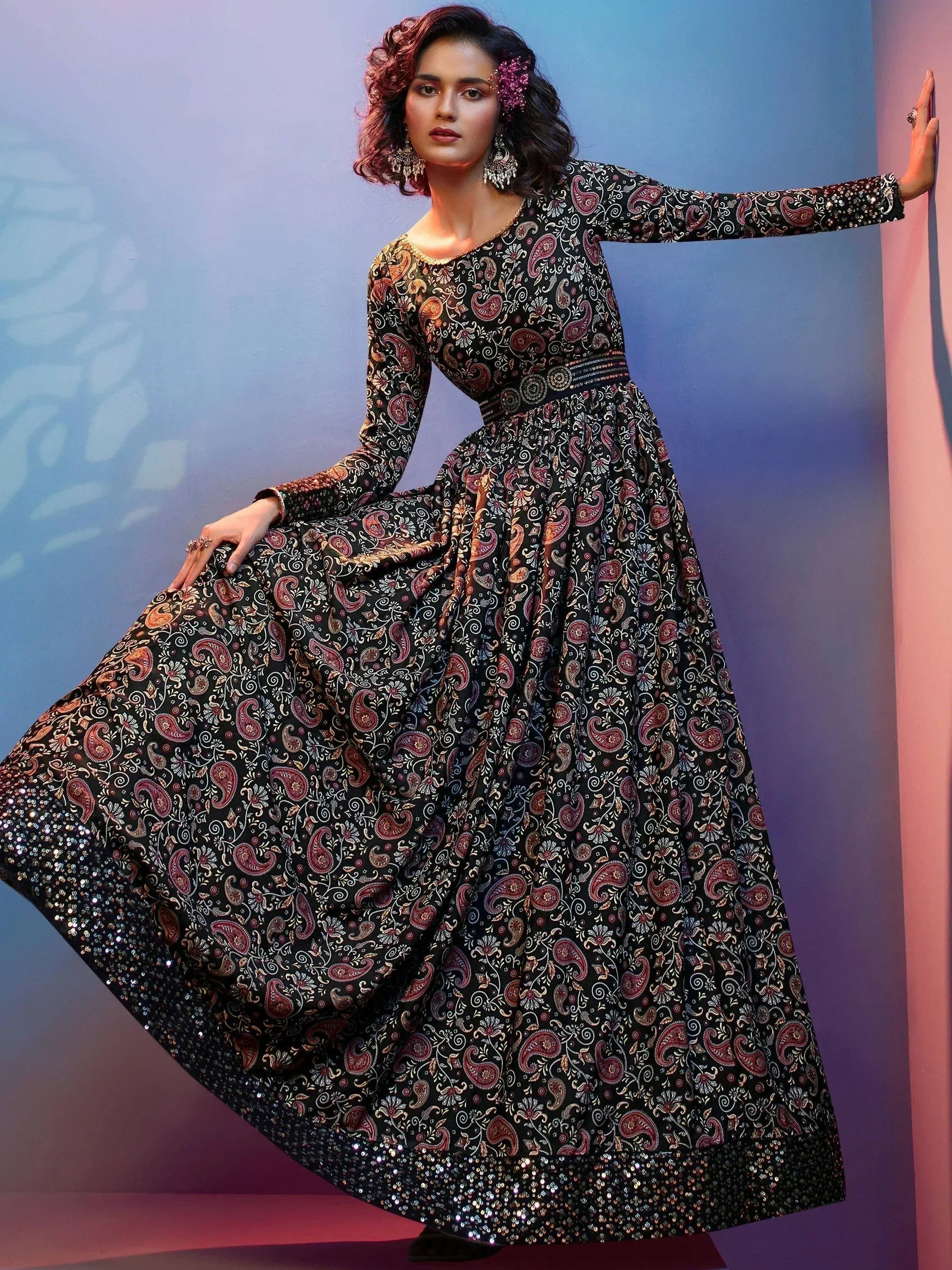 Black paisley print ethnic gown with sequin border, perfect for Indian festive occasions