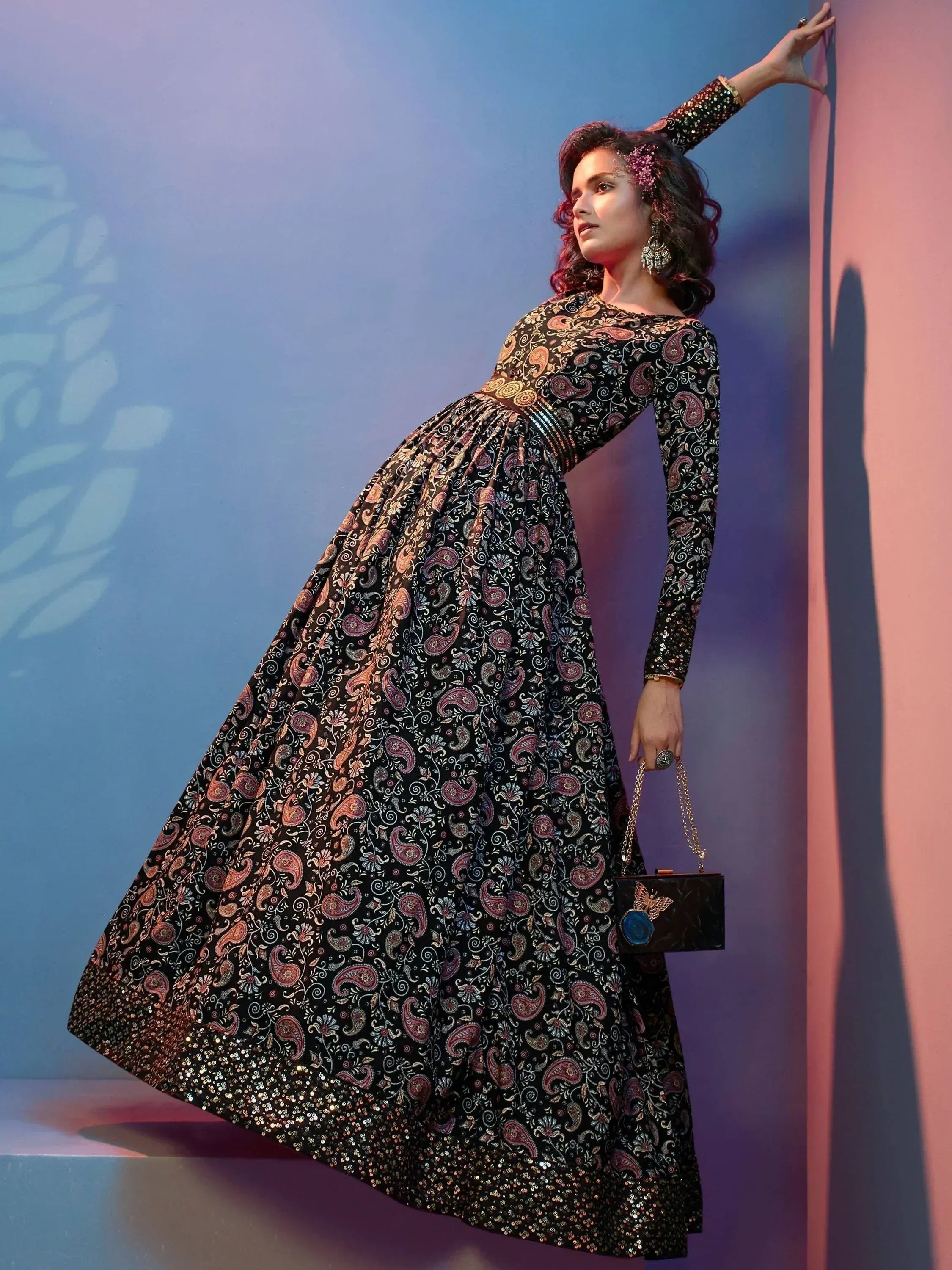 Black paisley print ethnic gown with sequin detailing, perfect for Indian festive occasions
