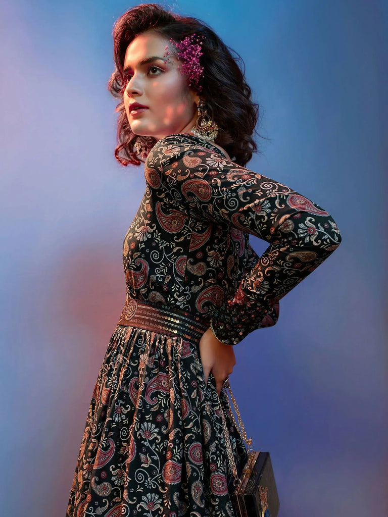Exquisite Black Digital Printed Crepe Festival Wear Gown