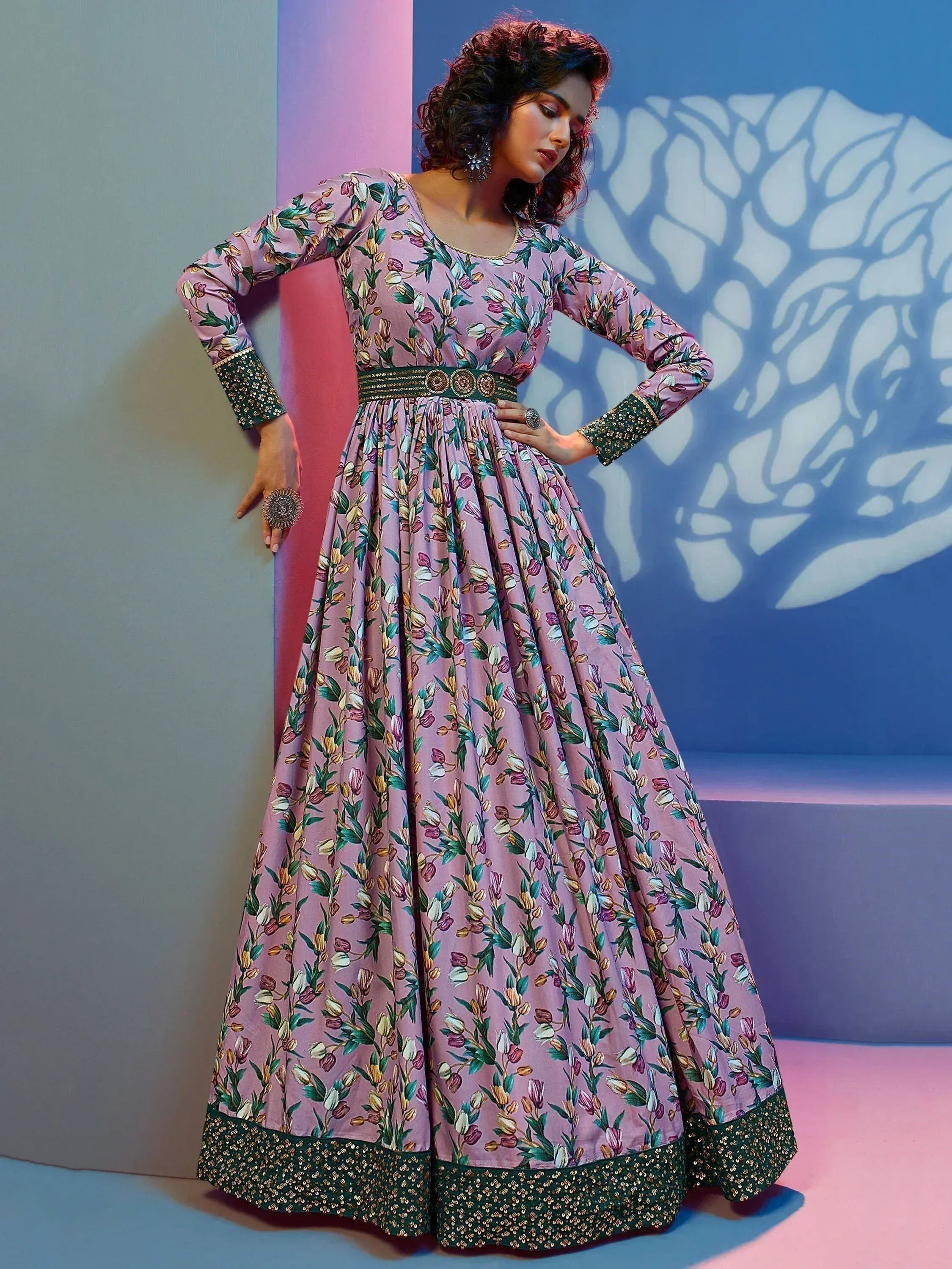 Pink floral print anarkali gown with green embellished hem and sleeves, perfect for Indian ethnic wear