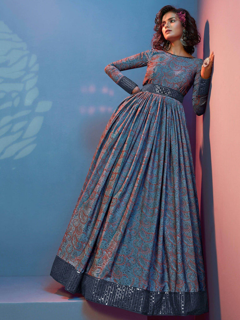 Splendid Grey Digital Printed Crepe Festival Wear Gown