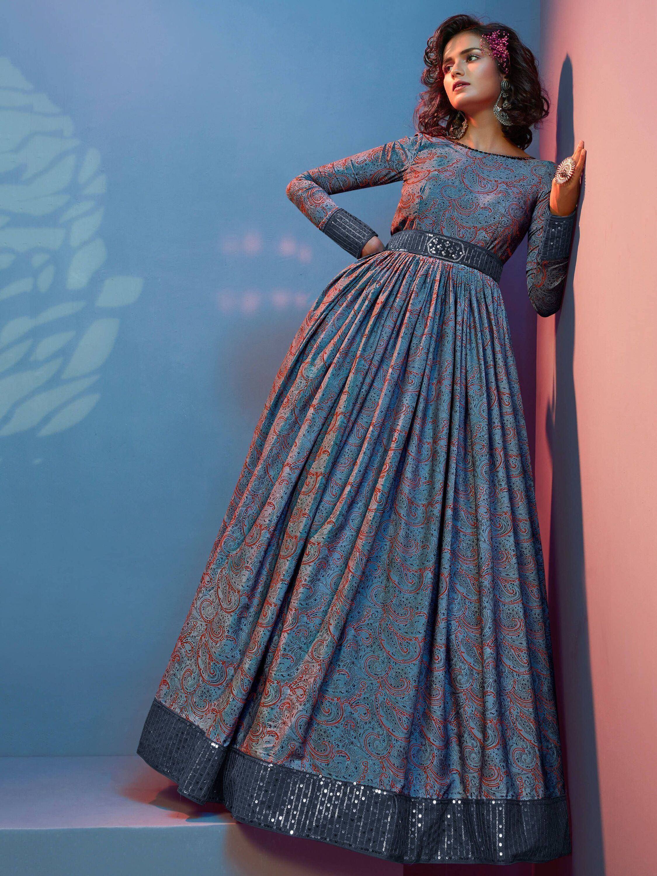 Blue and red paisley print ethnic gown with sequin trim, perfect for Indian occasions