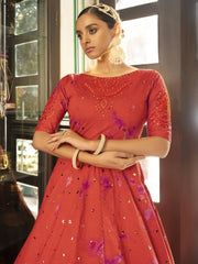 Classic Orange Shibori Print Sequins Embroidered Work Anarkali Gown