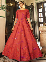 Classic Orange Shibori Print Sequins Embroidered Work Anarkali Gown