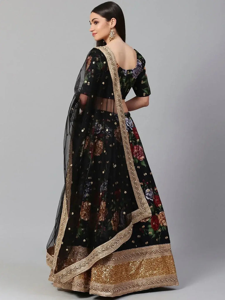 Black & Grey Printed Semi-Stitched Myntra Lehenga & Unstitched Blouse with Dupatta
