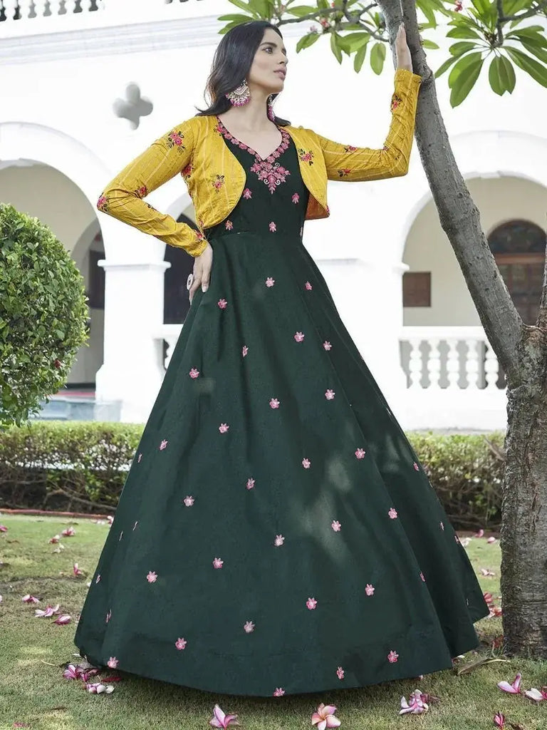Awesome Green Cotton Embroidered Party Wear Flare Gown With Koti