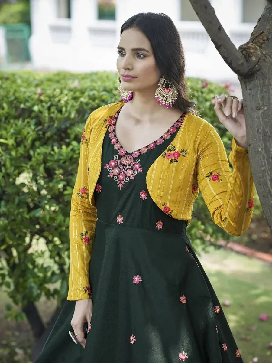 Green floral embroidered gown with yellow jacket, perfect for Indian ethnic occasions