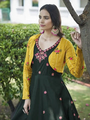 Awesome Green Cotton Embroidered Party Wear Flare Gown With Koti