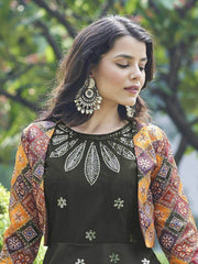 Glorious Olive Green Cotton Sequins Party Wear Long Anarkali Gown With Koti