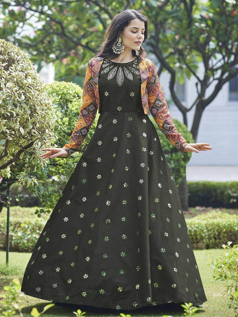 Glorious Olive Green Cotton Sequins Party Wear Long Anarkali Gown With Koti