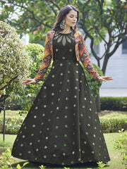 Glorious Olive Green Cotton Sequins Party Wear Long Anarkali Gown With Koti