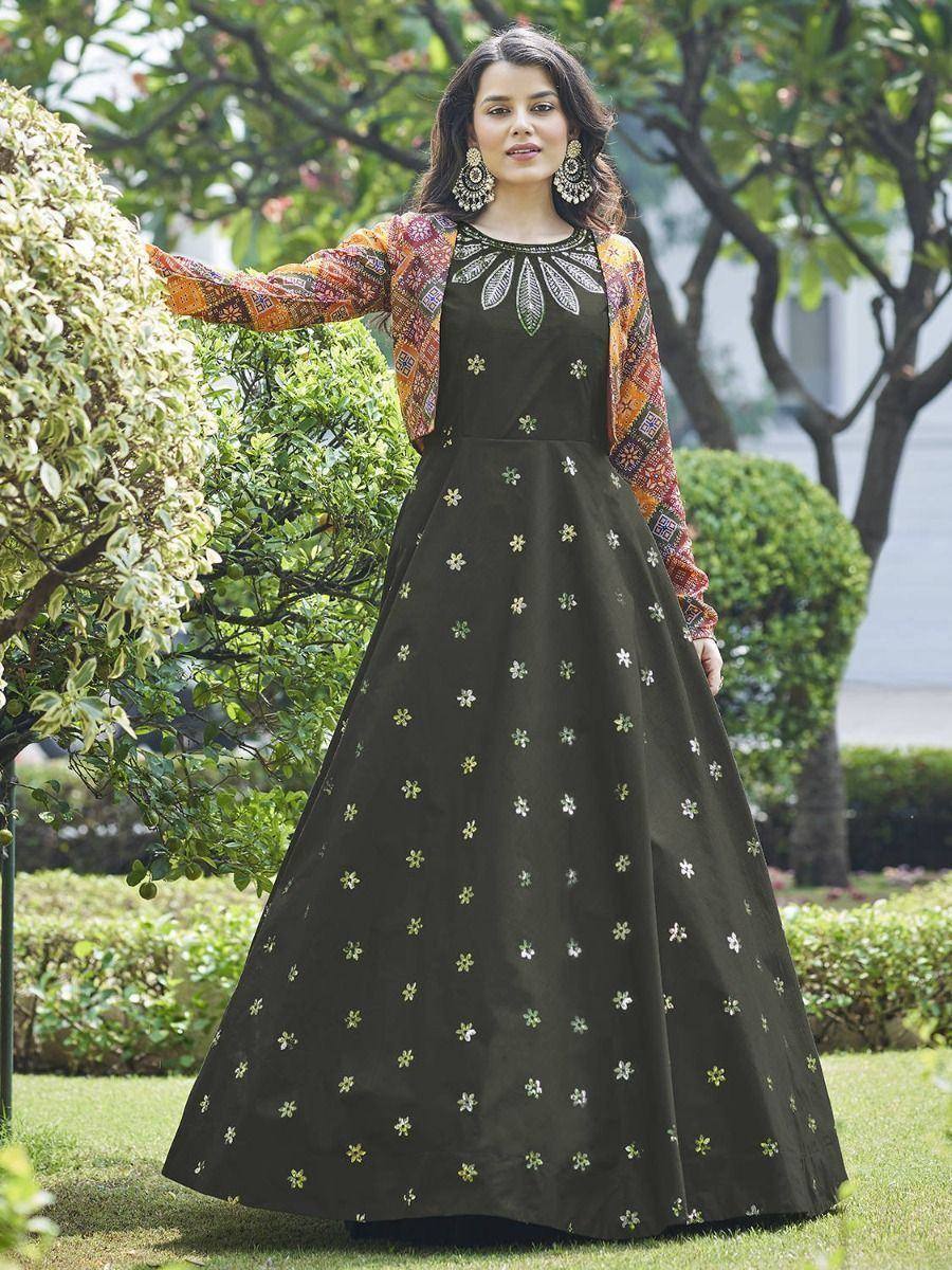 Elegant black floral embroidered gown with colorful printed jacket, perfect for Indian ethnic occasions
